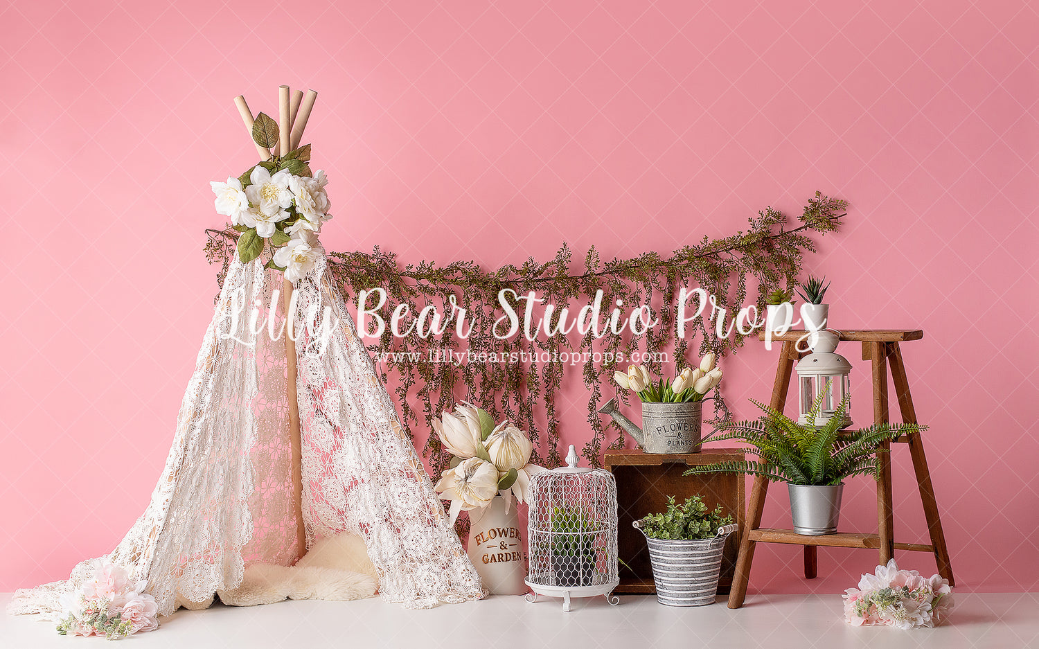 Pink Lace Boho by EllaBean sold by Lilly Bear Studio Props, bloom - boho - fabric - floral - flowers - garland - girls