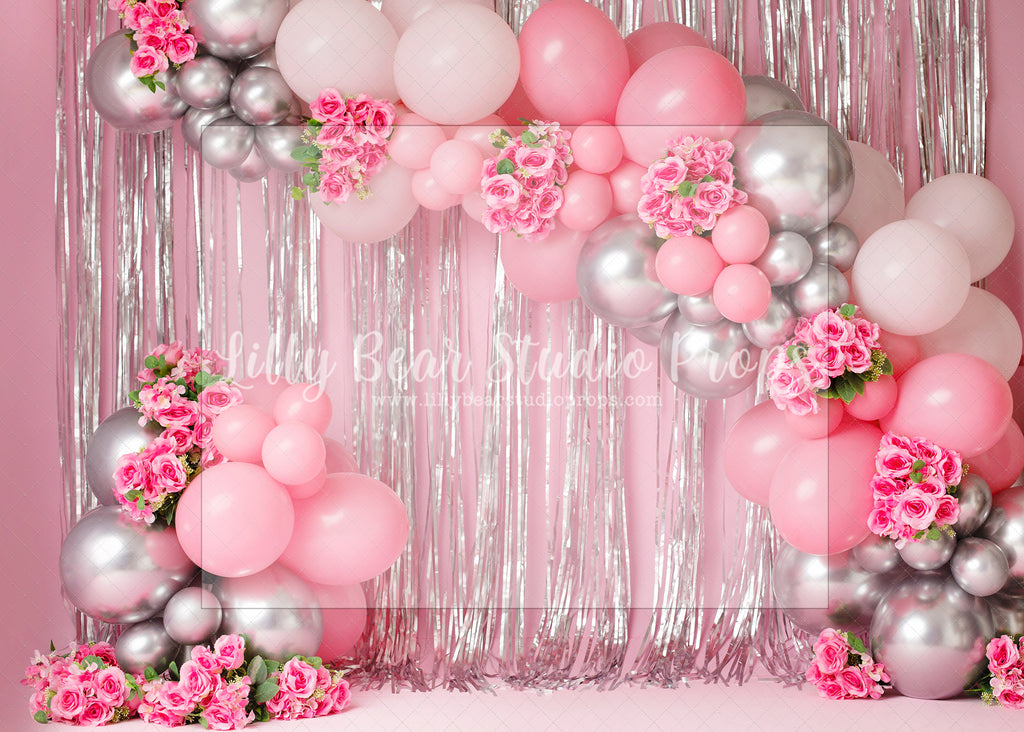 Laila - Lilly Bear Studio Props, blooming flowers, blush roses, bright flowers, cake smash, flowers, gold, gold balloons, gold palms, leaves, pink and gold balloons, pink balloons, pink flowers, pink roses, roses, spring flowers, tent