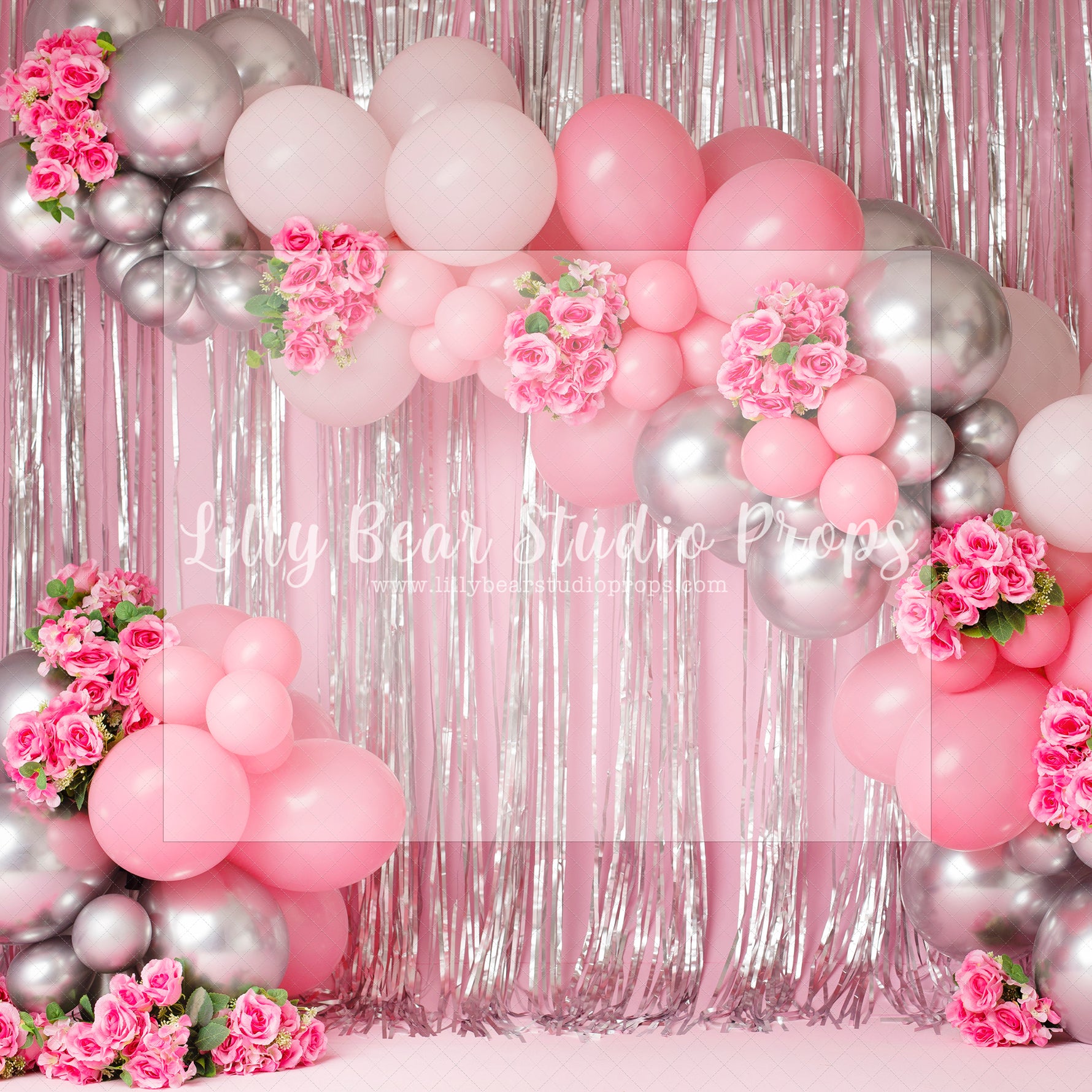 Laila - Lilly Bear Studio Props, blooming flowers, blush roses, bright flowers, cake smash, flowers, gold, gold balloons, gold palms, leaves, pink and gold balloons, pink balloons, pink flowers, pink roses, roses, spring flowers, tent
