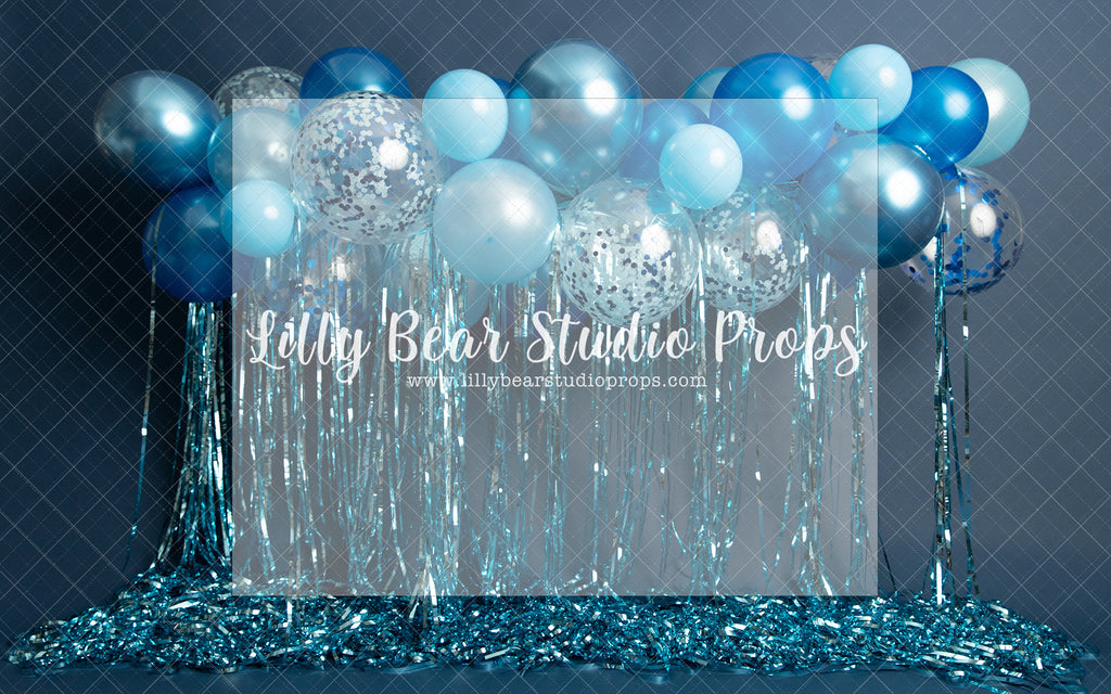 Late Fiesta - Lilly Bear Studio Props, balloons, birthday, blue, blue and gold, blue and gold balloons, blue balloons, boy birthday, navy, one, royal, royalty, silver, silver confetti, silver confetti balloon, tassles