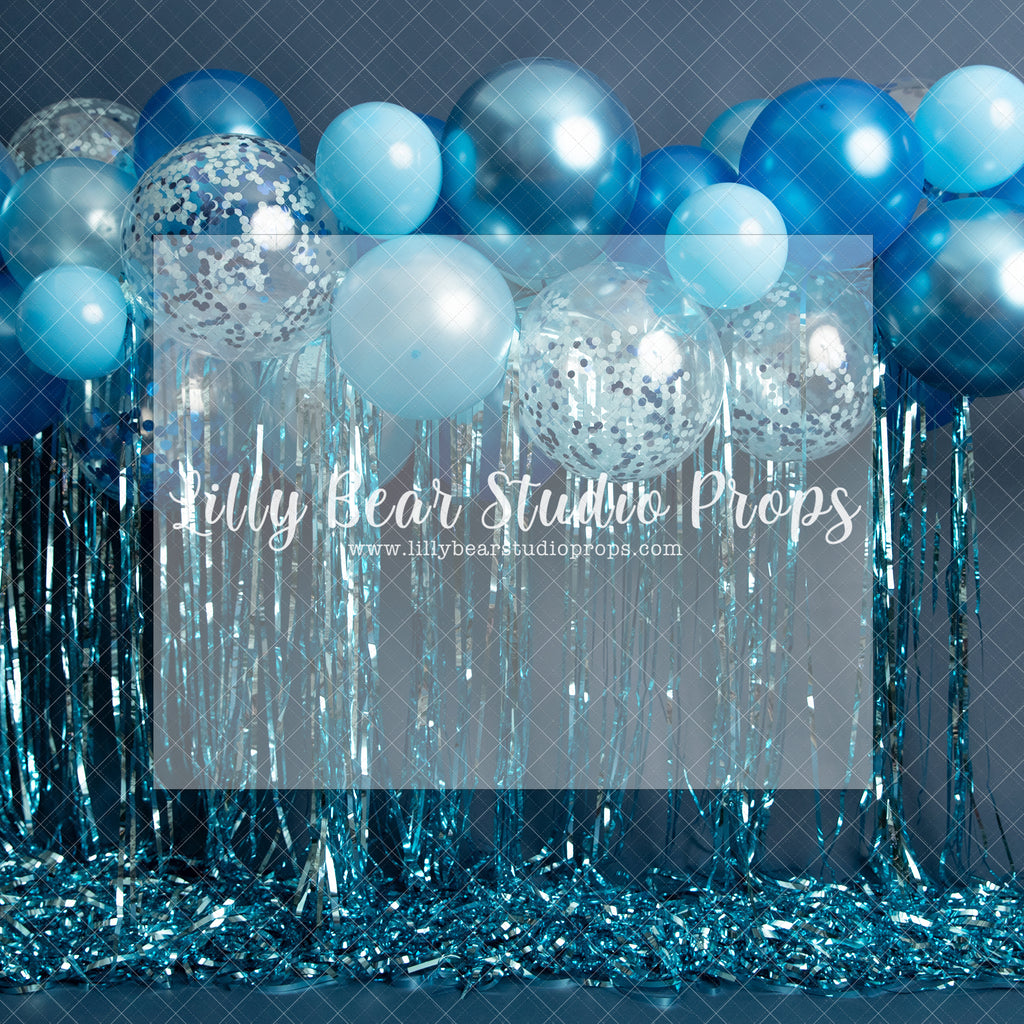 Late Fiesta - Lilly Bear Studio Props, balloons, birthday, blue, blue and gold, blue and gold balloons, blue balloons, boy birthday, navy, one, royal, royalty, silver, silver confetti, silver confetti balloon, tassles