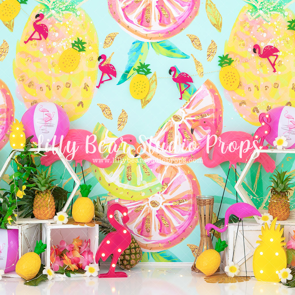 Lemon Flamingo - Lilly Bear Studio Props, farmer's market, flamingo, floral, flower, flowers, grapefruit, green, lemon, lemon juice, lemonade, pineapple, pink, pink floral, pink flowers, summer, summer drink, summertime, sweet summertime