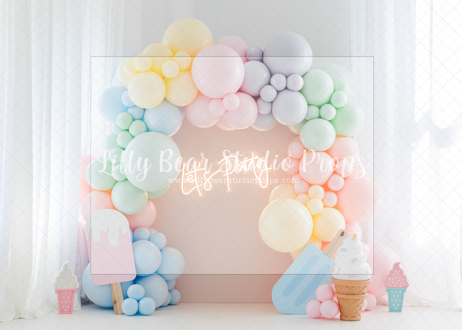 Let's Party - Lilly Bear Studio Props, ballet, balloons, canopy, creamy ice cream, FABRICS, ice cream, ice cream balloons, ice cream cone, Ice cream parlor, ice cream shop, one, pastel balloons, Peonies, pink, pink balloons, pink girl, popsicle, purple balloons
