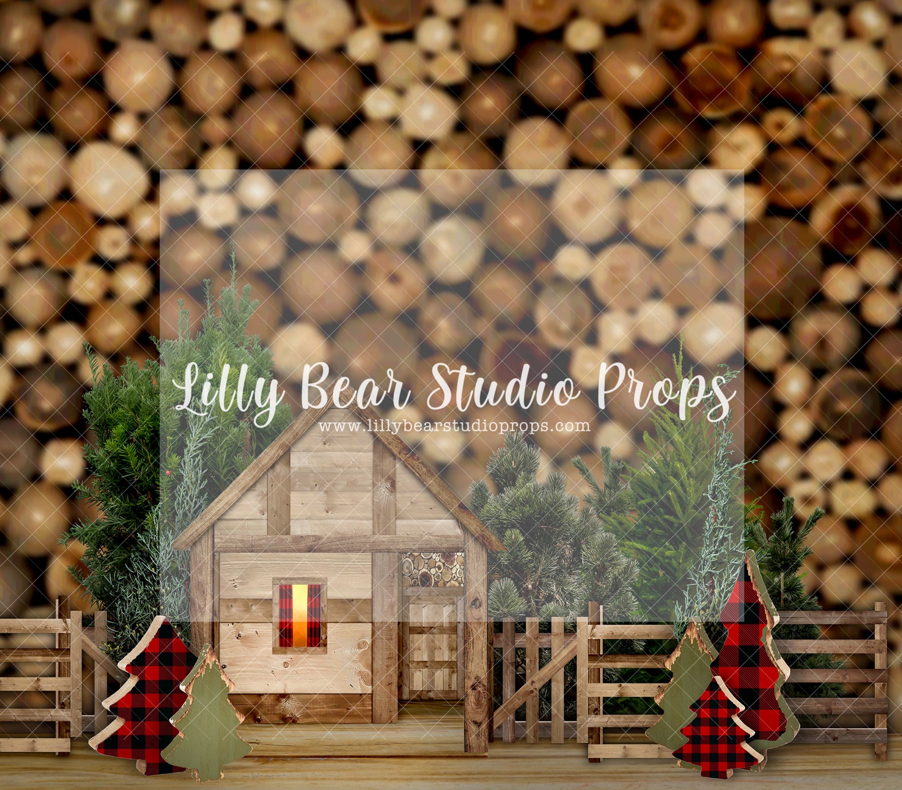 Little Country Cabin - Lilly Bear Studio Props, barn, buffalo paid, buffalo plaid, cabin, cabin fireplace, christmas cabin, Fabric, FABRICS, lumber jack, pine trees, red and black plaid, wood logs