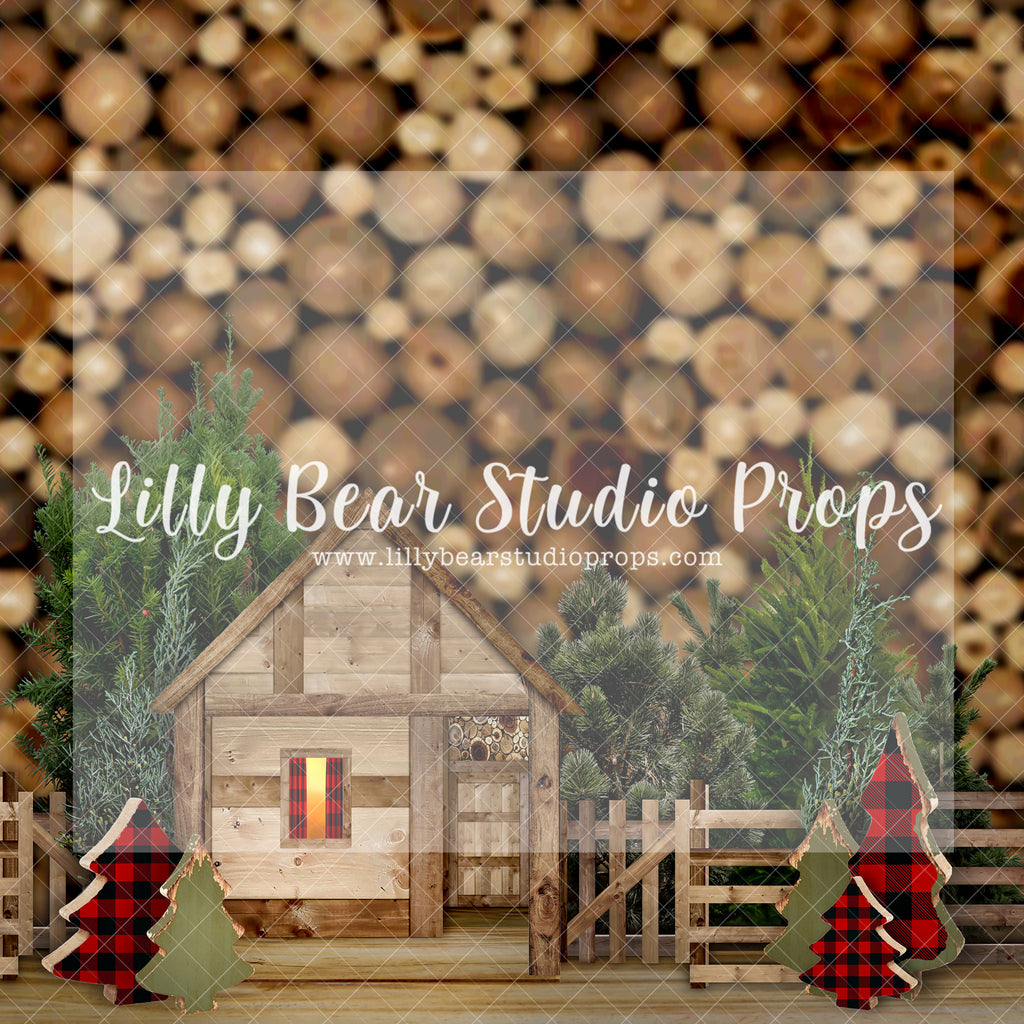 Little Country Cabin - Lilly Bear Studio Props, barn, buffalo paid, buffalo plaid, cabin, cabin fireplace, christmas cabin, Fabric, FABRICS, lumber jack, pine trees, red and black plaid, wood logs