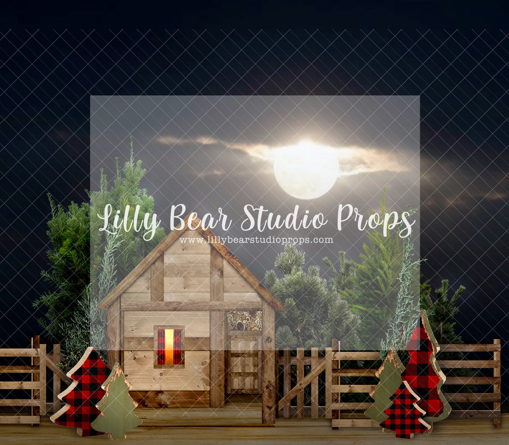 Little Country Cabin Night - Lilly Bear Studio Props, barn, buffalo paid, buffalo plaid, cabin, cabin fireplace, christmas cabin, Fabric, FABRICS, lumber jack, pine trees, red and black plaid, wood logs