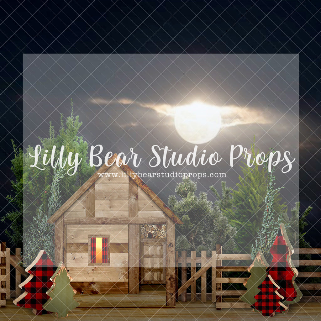 Little Country Cabin Night - Lilly Bear Studio Props, barn, buffalo paid, buffalo plaid, cabin, cabin fireplace, christmas cabin, Fabric, FABRICS, lumber jack, pine trees, red and black plaid, wood logs