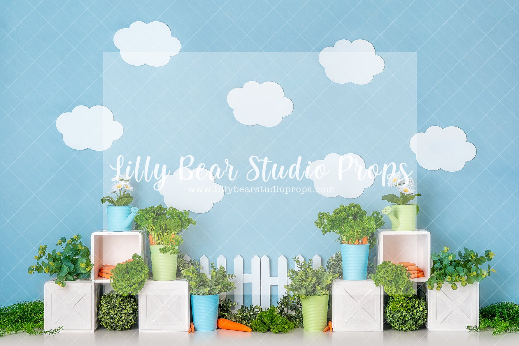 Little Rabbit Garden - Lilly Bear Studio Props, carrot, carrot garden, carrots, fabric, fine art, girls, peter rabbit, peter rabbit garden, poly, simple garland, some bunnies one, some bunny is one, some bunny's one, spring garden, vegetable garden, vinyl, white clouds, Wrinkle Free Fabric
