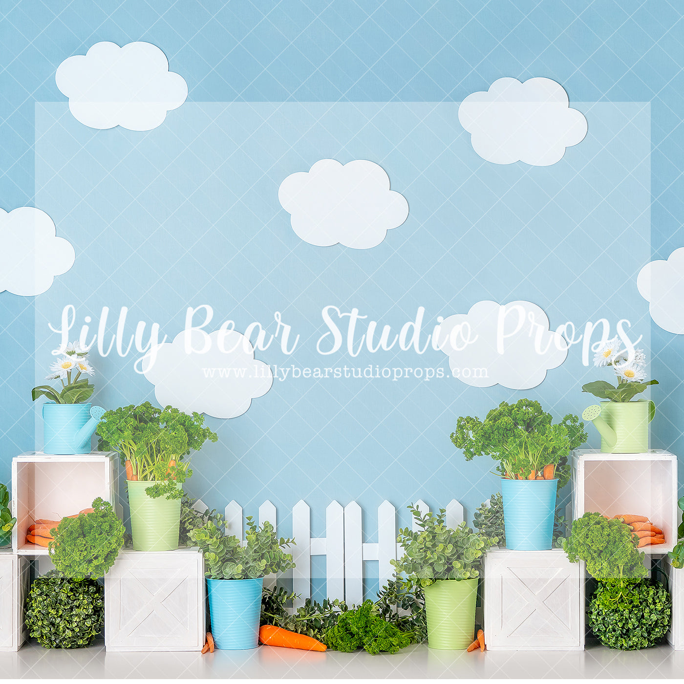 Little Rabbit Garden - Lilly Bear Studio Props, carrot, carrot garden, carrots, fabric, fine art, girls, peter rabbit, peter rabbit garden, poly, simple garland, some bunnies one, some bunny is one, some bunny's one, spring garden, vegetable garden, vinyl, white clouds, Wrinkle Free Fabric
