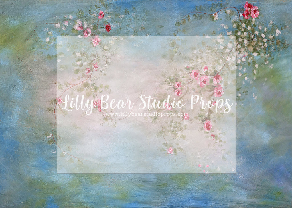 Lizzy Beth by Sissi Wang - Lilly Bear Studio Props, blue flowers, cherry blossoms, FABRICS, fine art, floral, floral garden, floral sweep, flowers, garden flowers, hand painted, hand painted floral, painted, painted flowers, pink, pink cherry blossoms, pink flowers, sweep, textured, yellow flowers