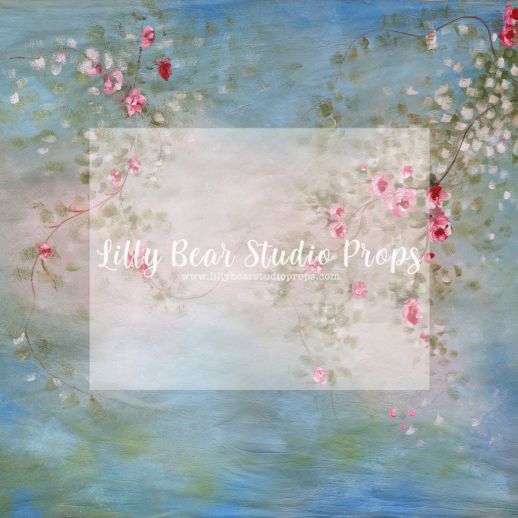 Lizzy Beth by Sissi Wang - Lilly Bear Studio Props, blue flowers, cherry blossoms, FABRICS, fine art, floral, floral garden, floral sweep, flowers, garden flowers, hand painted, hand painted floral, painted, painted flowers, pink, pink cherry blossoms, pink flowers, sweep, textured, yellow flowers