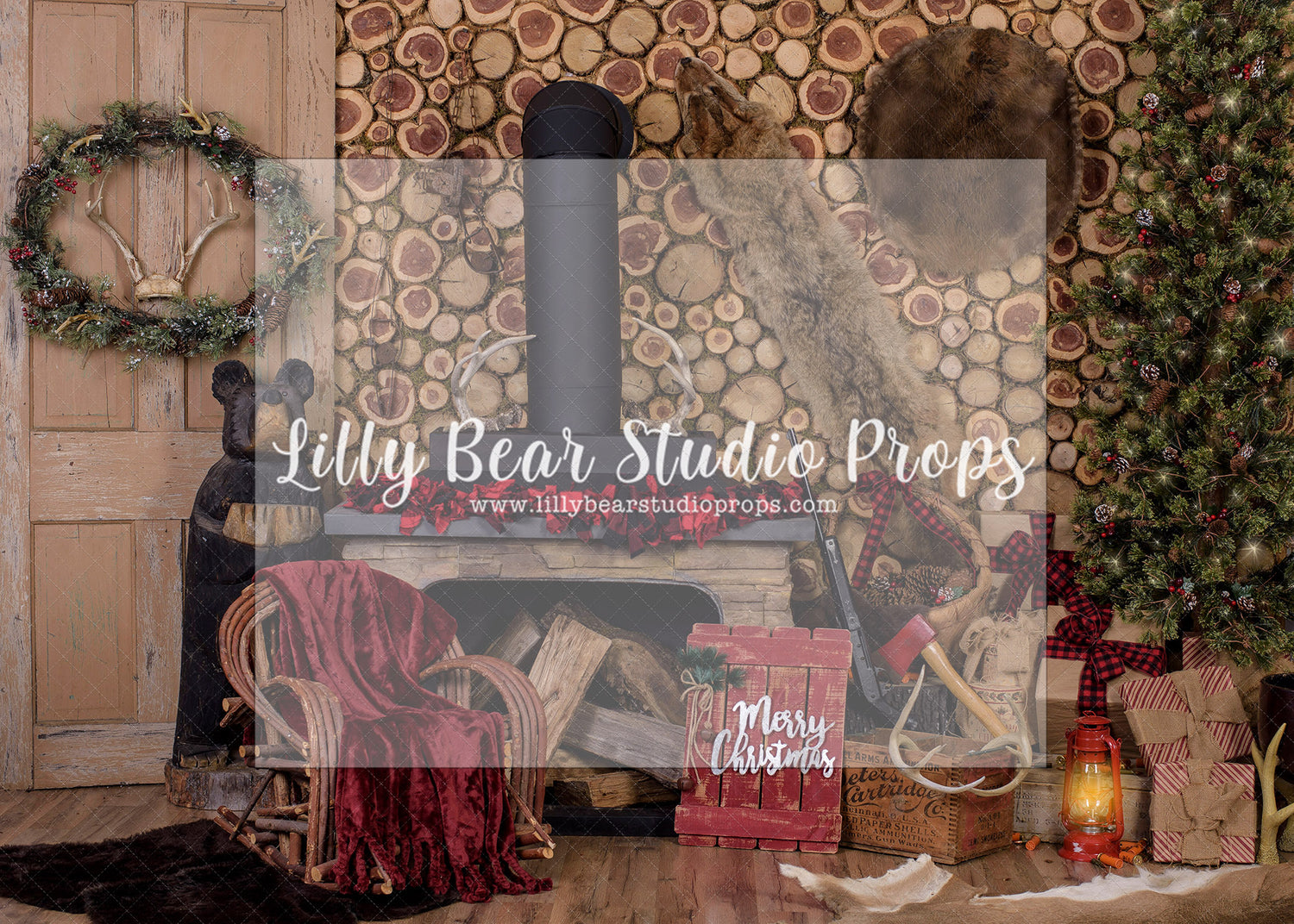 Log Christmas Cabin - Lilly Bear Studio Props, christmas, Cozy, Decorated, Festive, Giving, Holiday, Holy, Hopeful, Joyful, Merry, Peaceful, Peacful, Red & Green, Seasonal, Winter, Xmas, Yuletide