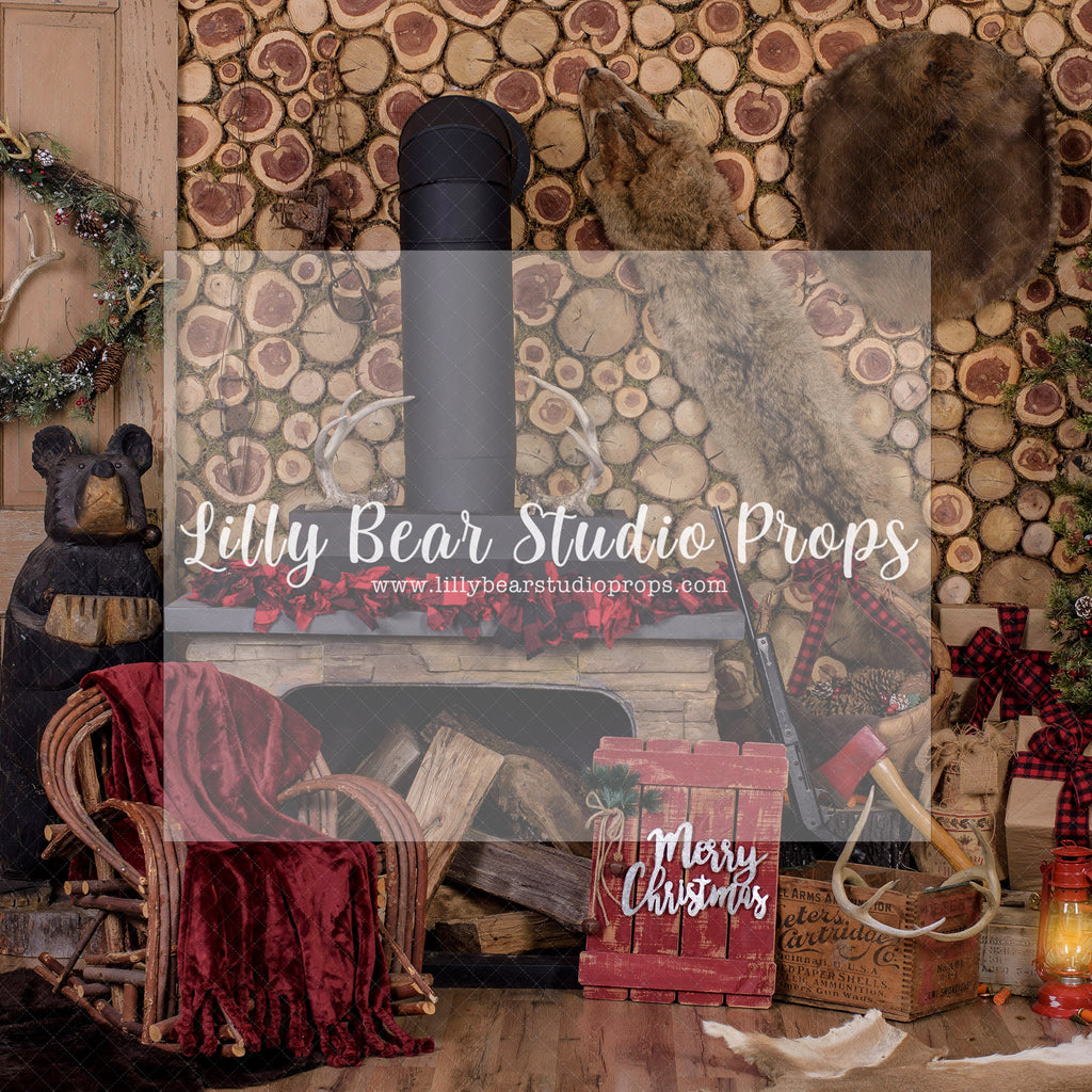 Log Christmas Cabin - Lilly Bear Studio Props, christmas, Cozy, Decorated, Festive, Giving, Holiday, Holy, Hopeful, Joyful, Merry, Peaceful, Peacful, Red & Green, Seasonal, Winter, Xmas, Yuletide