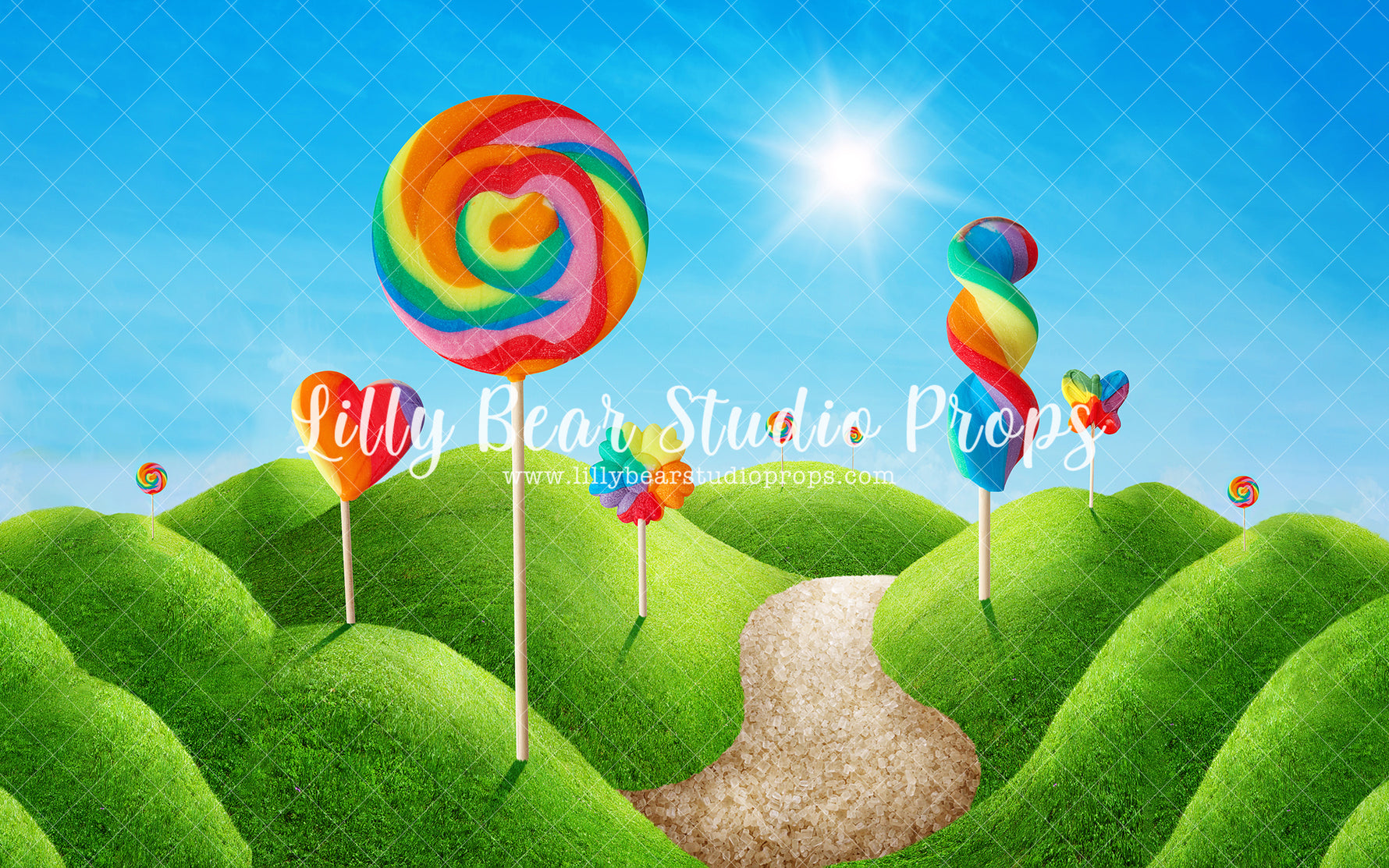 Lollipop Hills - Lilly Bear Studio Props, birthday, cake smash, candy, candy sweets, candy treats, candyland, colours of the rainbow, cupcake, FABRICS, garden, garden tea party, girl, high tea, hills, house, lollipop, lollipops, painting, pink, rainbow, rainbow candy, rainbow lollipop, rainbow sky, springtime, summer