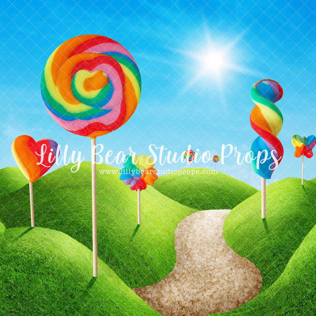 Lollipop Hills - Lilly Bear Studio Props, birthday, cake smash, candy, candy sweets, candy treats, candyland, colours of the rainbow, cupcake, FABRICS, garden, garden tea party, girl, high tea, hills, house, lollipop, lollipops, painting, pink, rainbow, rainbow candy, rainbow lollipop, rainbow sky, springtime, summer