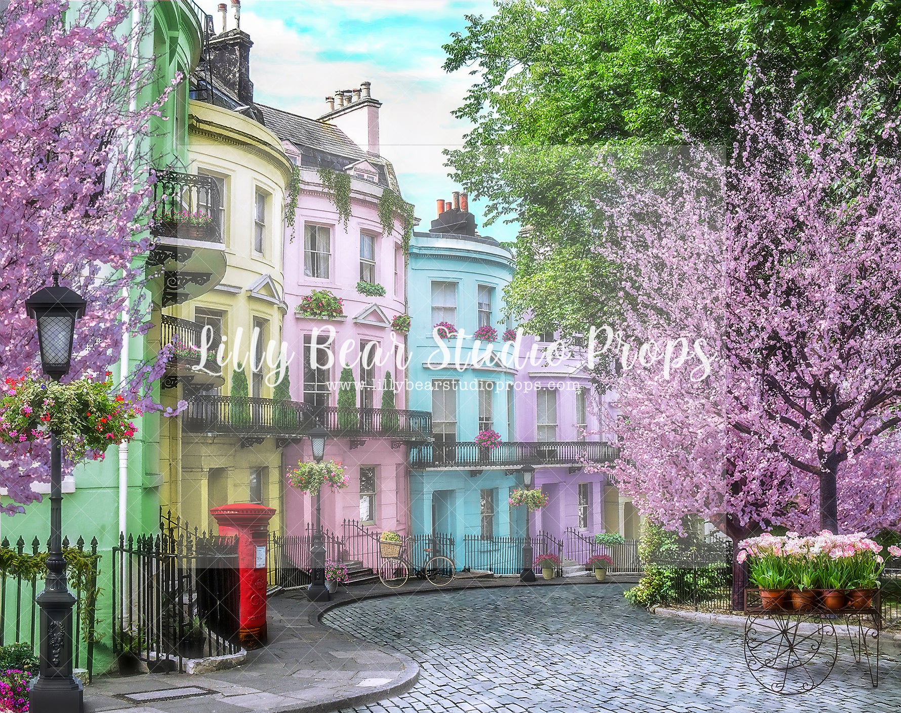 London Square in the Spring - Lilly Bear Studio Props, cherry blossom tree, cherry blossoms, europe, Fabric, FABRICS, flower spring, lond, london, notting hill, paris, paris city, paris garden, parisian, pink camper, pink cherry blossoms, pink tulips, spring, tulip, white cherry blossoms, Wrinkle Free Fabric