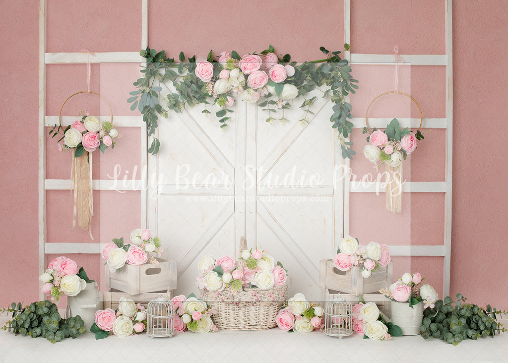 Louise - Lilly Bear Studio Props, artistic floral, barn door, barn doors, floral, floral garden, floral pink, florals, flower barn doors, Peonies, pink floral, roses, spring, spring floral, vintage floral