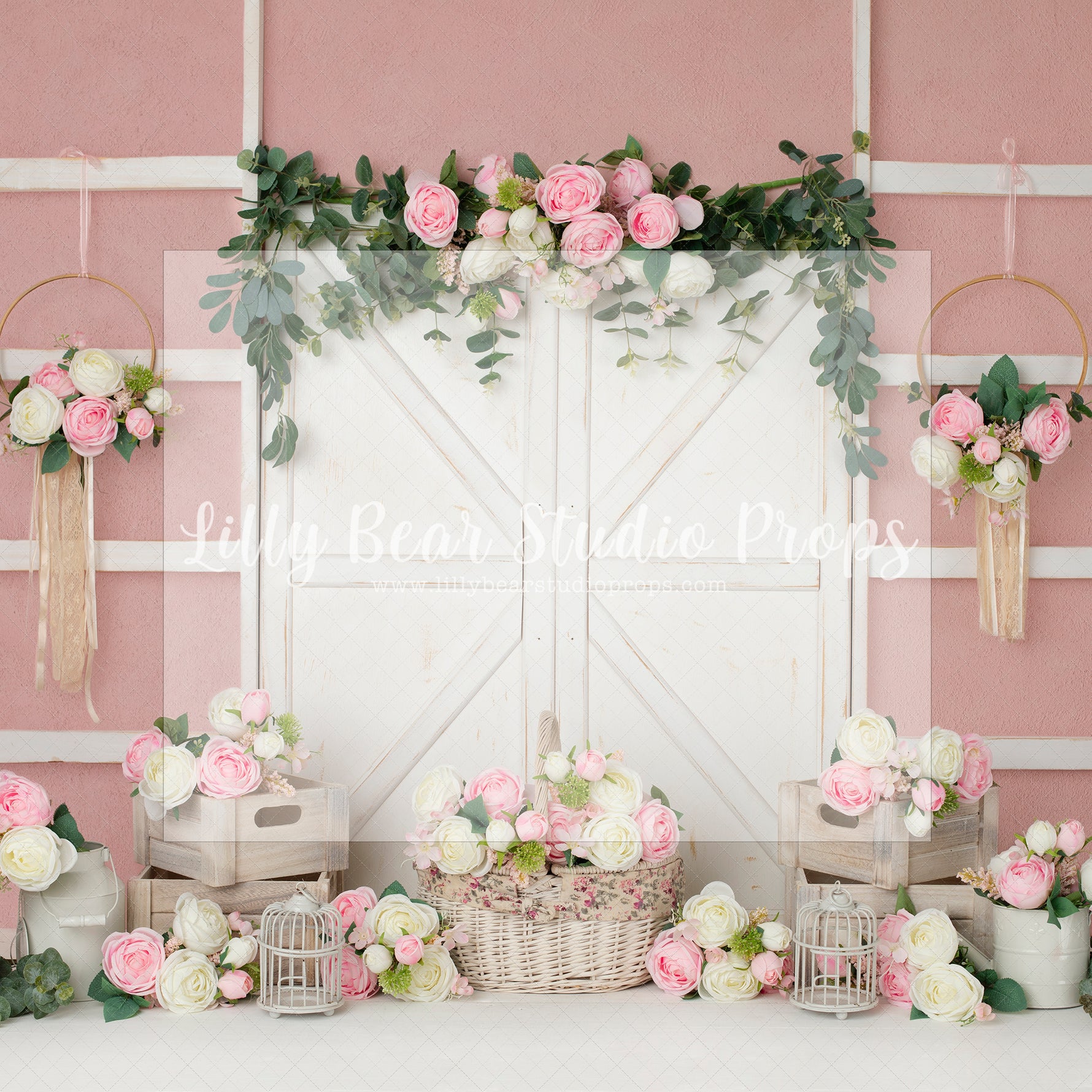 Louise - Lilly Bear Studio Props, artistic floral, barn door, barn doors, floral, floral garden, floral pink, florals, flower barn doors, Peonies, pink floral, roses, spring, spring floral, vintage floral