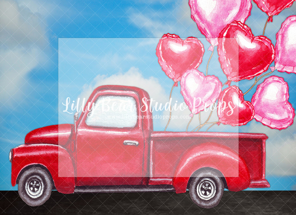 LOVE IS RED TRUCK - Lilly Bear Studio Props, FABRICS, girl, headboard, heart, heart gems, heart marquee, hearts and arrows, hippie, love balloon, pink clouds, pink doors, red truck, valentine, valentine booth, valentine clouds, valentine door, valentine truck, valentine's card, valentines, valentines day