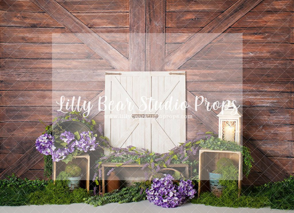 Mossy Doors - Lilly Bear Studio Props, barn doors, FABRICS, flower barn doors, flower garden, purple flowers, spring, spring garden