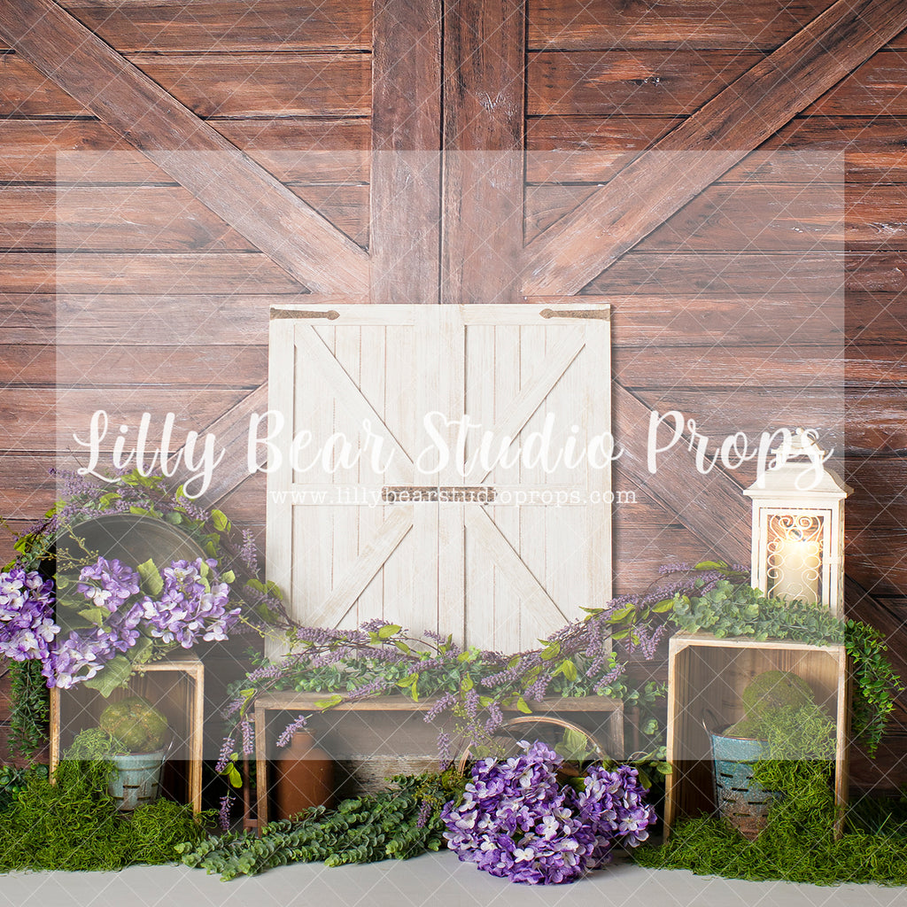 Mossy Doors - Lilly Bear Studio Props, barn doors, FABRICS, flower barn doors, flower garden, purple flowers, spring, spring garden