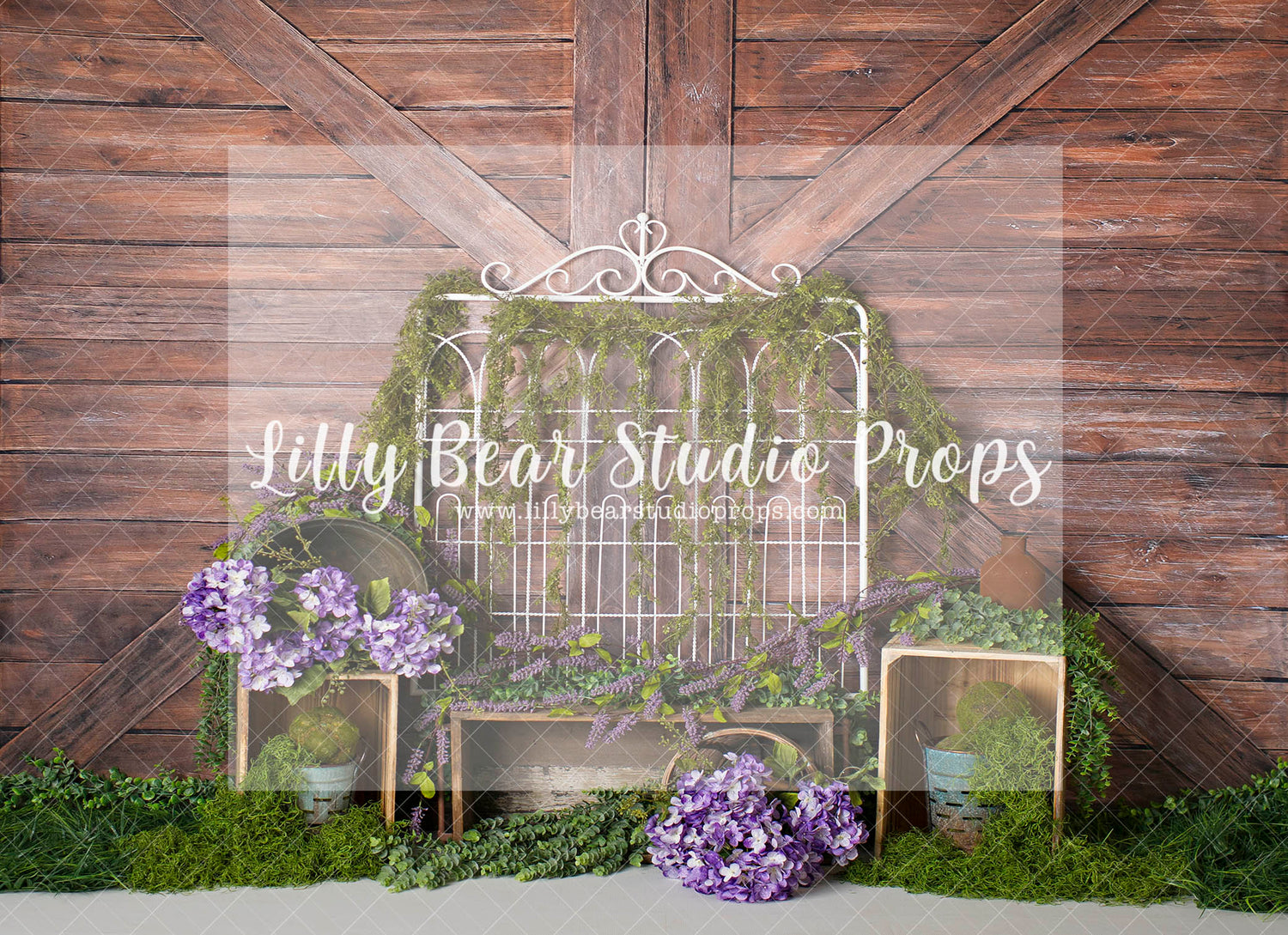 Mossy Bed Frame - Lilly Bear Studio Props, barn doors, FABRICS, flower barn doors, flower garden, purple flowers, spring, spring garden
