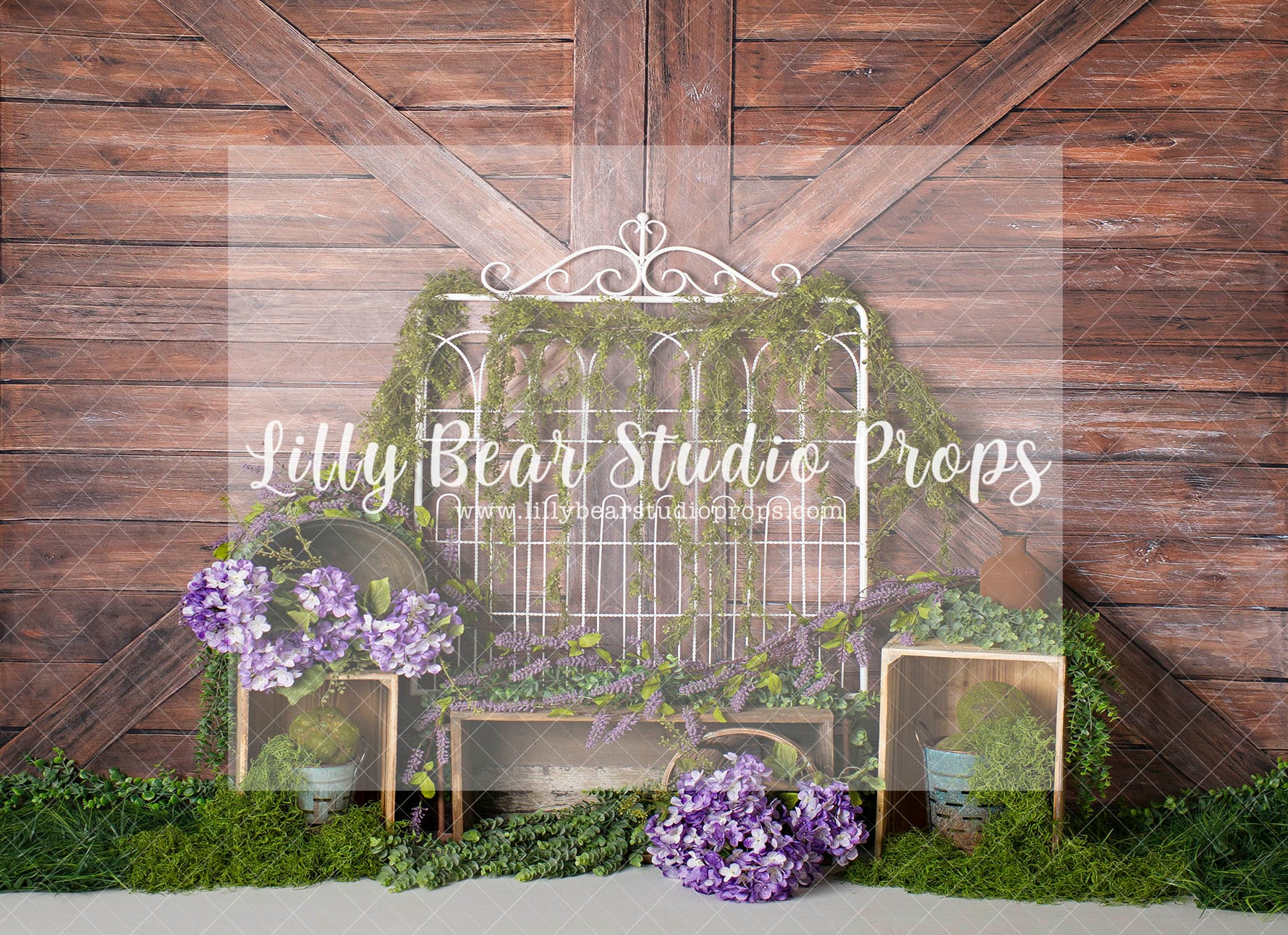 Mossy Bed Frame - Lilly Bear Studio Props, barn doors, FABRICS, flower barn doors, flower garden, purple flowers, spring, spring garden