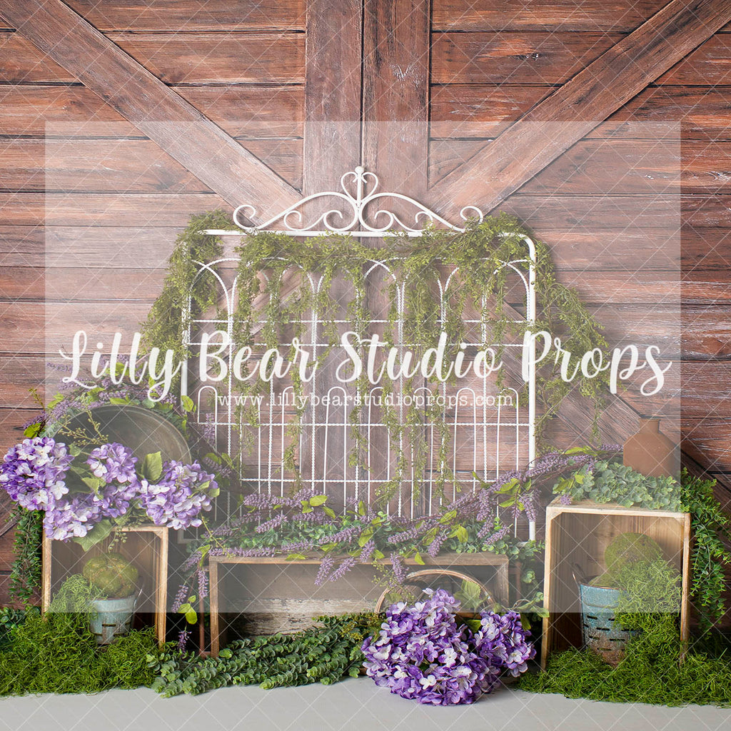 Mossy Bed Frame - Lilly Bear Studio Props, barn doors, FABRICS, flower barn doors, flower garden, purple flowers, spring, spring garden