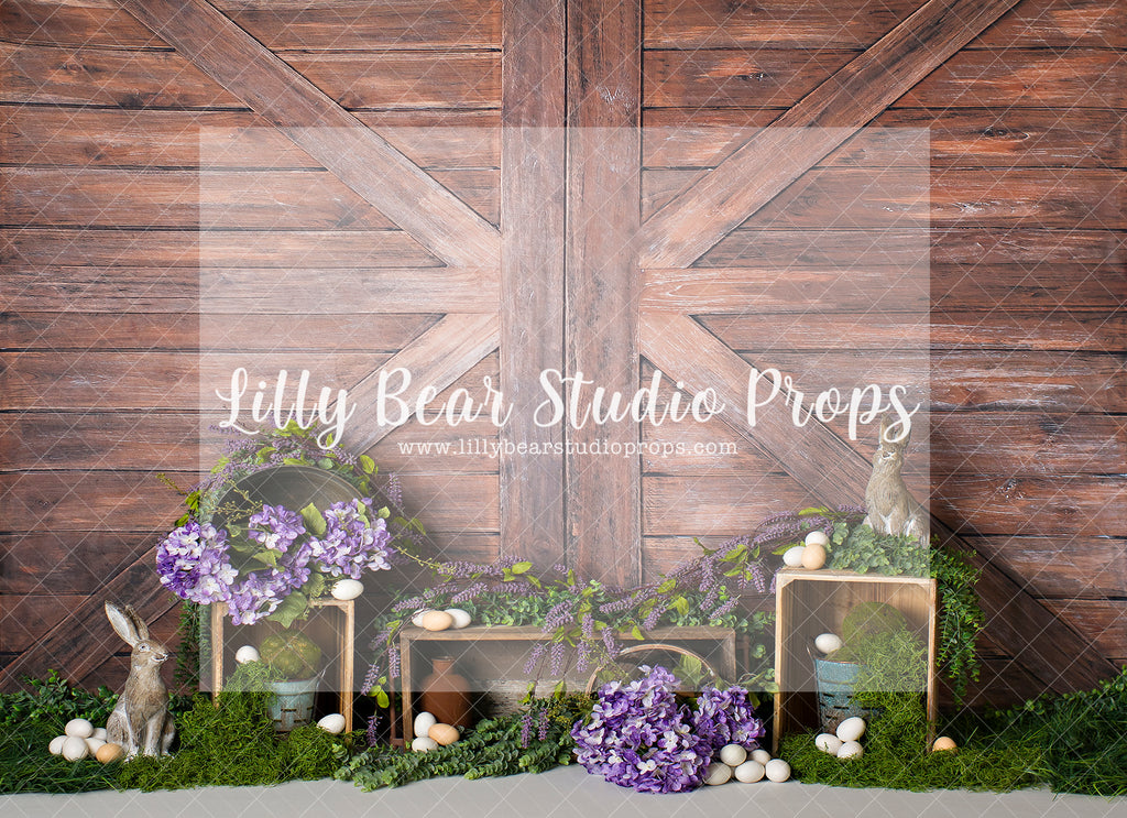 Mossy Easter - Lilly Bear Studio Props, barn doors, bunny, bunny garden, easter eggs, FABRICS, farm eggs, flower barn doors, flower garden, purple flowers, spring, spring garden
