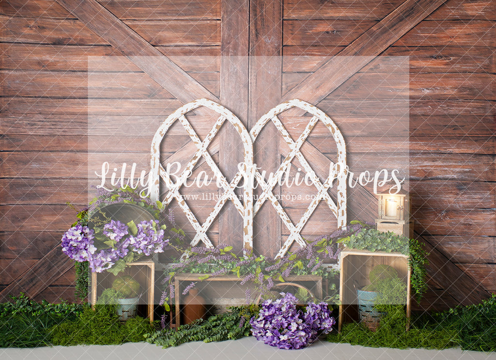Mossy Arch Window - Lilly Bear Studio Props, barn doors, FABRICS, flower barn doors, flower garden, purple flowers, spring, spring garden