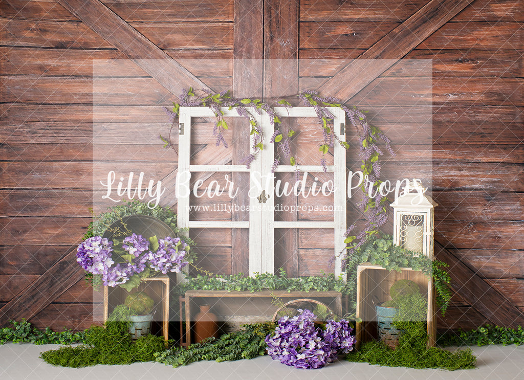 Mossy Window - Lilly Bear Studio Props, barn doors, FABRICS, flower barn doors, flower garden, purple flowers, spring, spring garden