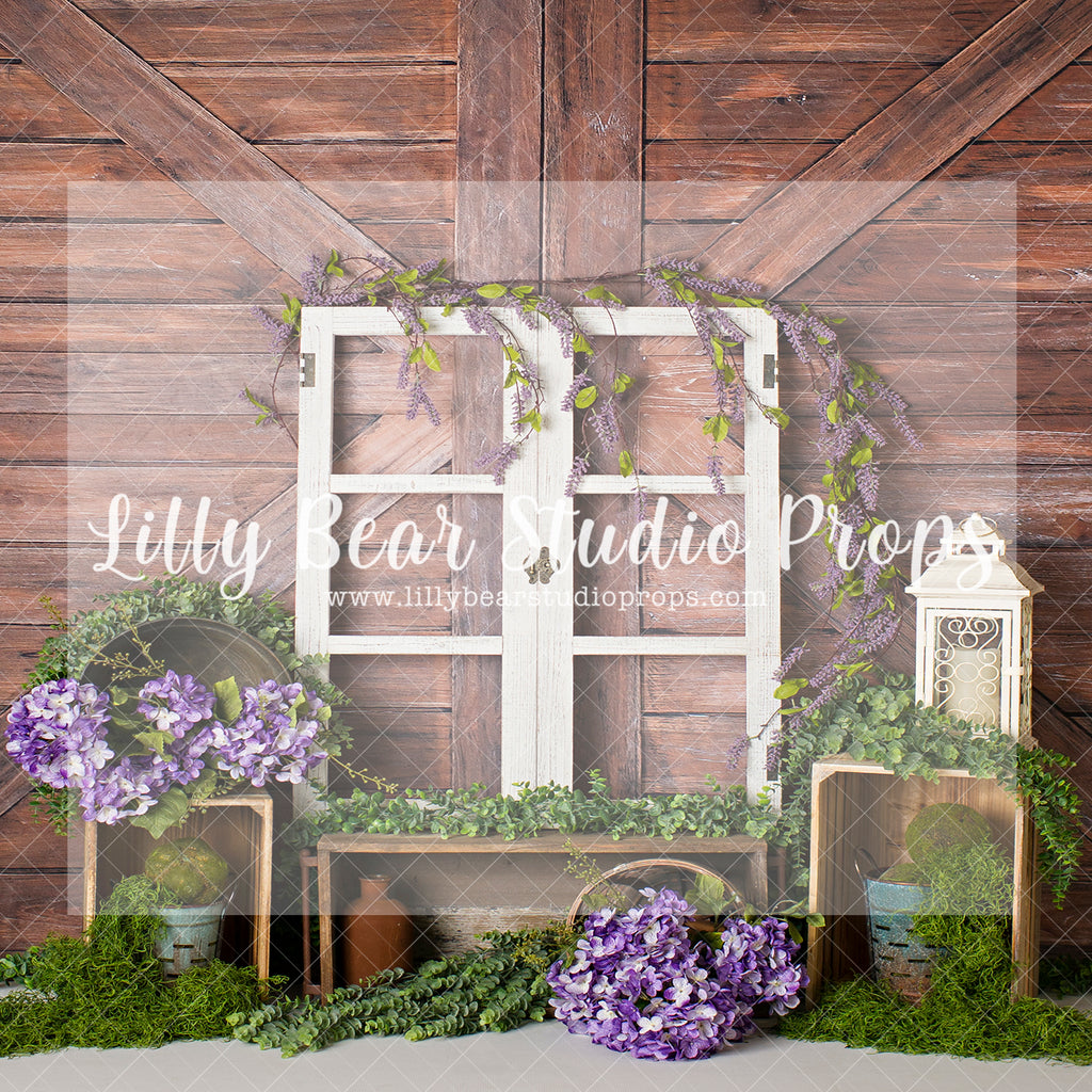 Mossy Window - Lilly Bear Studio Props, barn doors, FABRICS, flower barn doors, flower garden, purple flowers, spring, spring garden