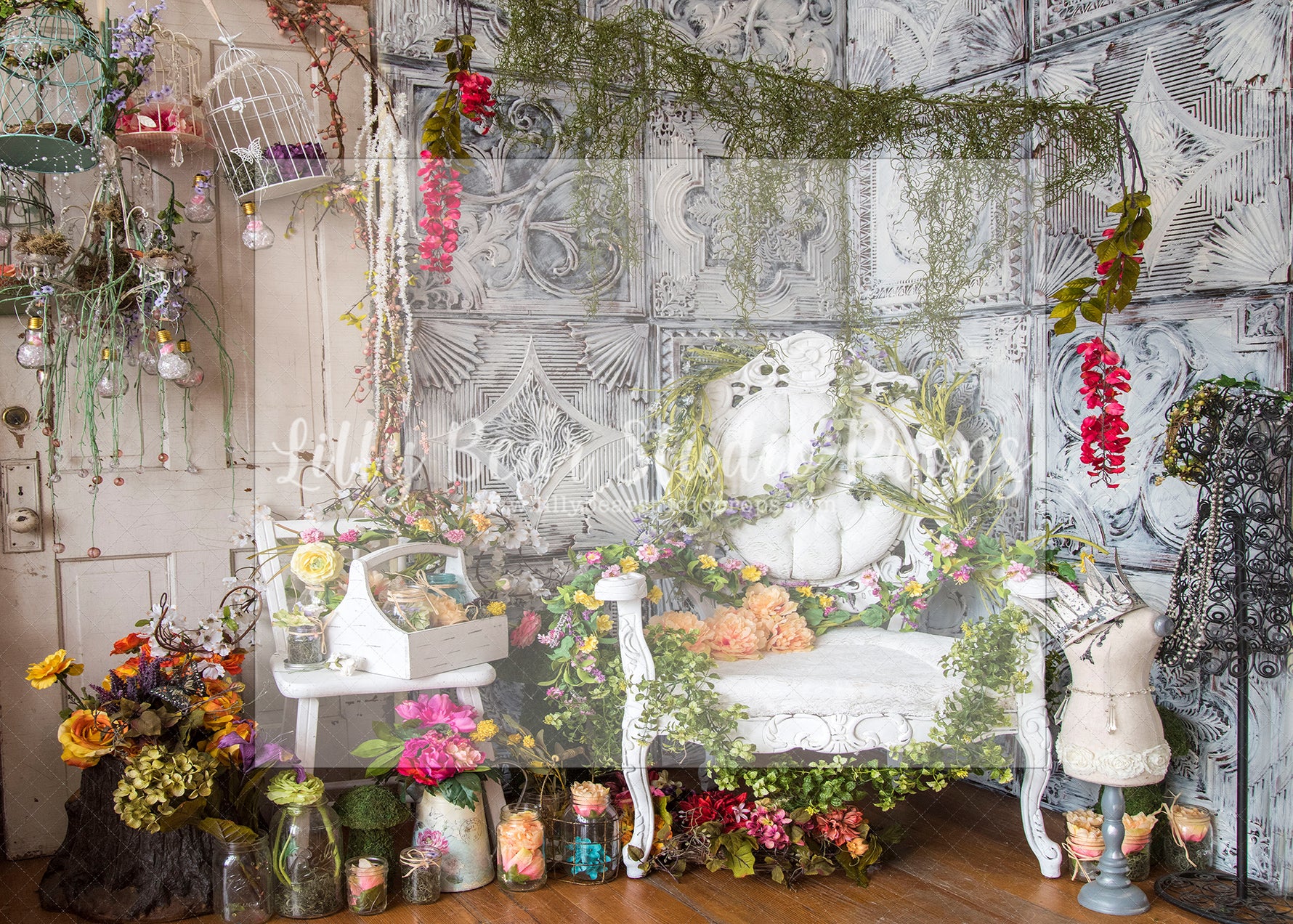 Mademoiselle Spring Corner - Lilly Bear Studio Props, bunnies, bunny, carrots, easter, easter backdrop, easter bunny, easter garden, FABRICS, flower barn doors, flower garden, flower window, flowers, garden, happy easter, spring, spring garden