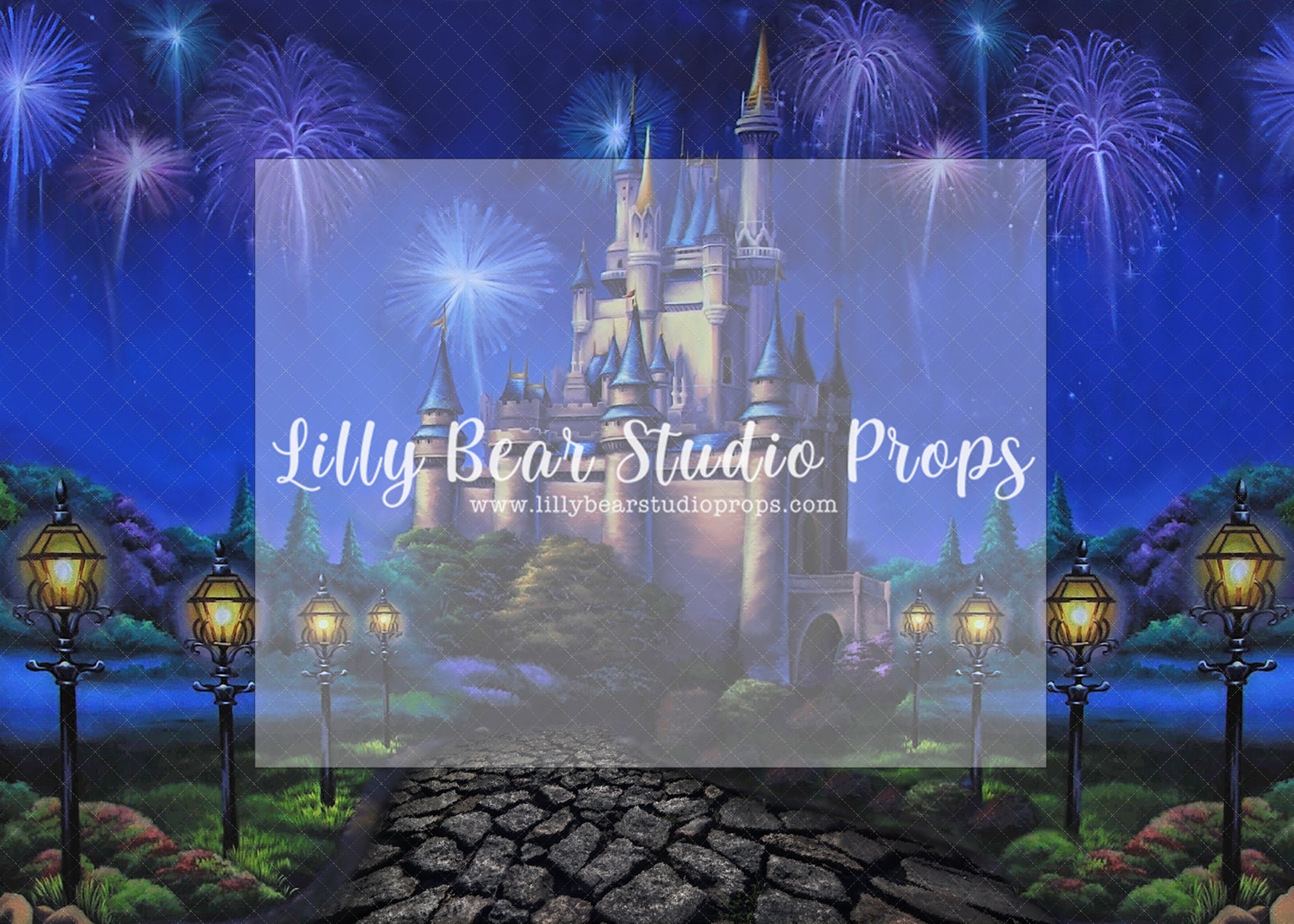 Magic Kingdom - Lilly Bear Studio Props, beauty and the beast, blue, castle, cinderella, disney castle, Disney princess, Fabric, fantasy, floral, girls, hand painted, princess, princesses, purple, royal, violet, Wrinkle Free Fabric