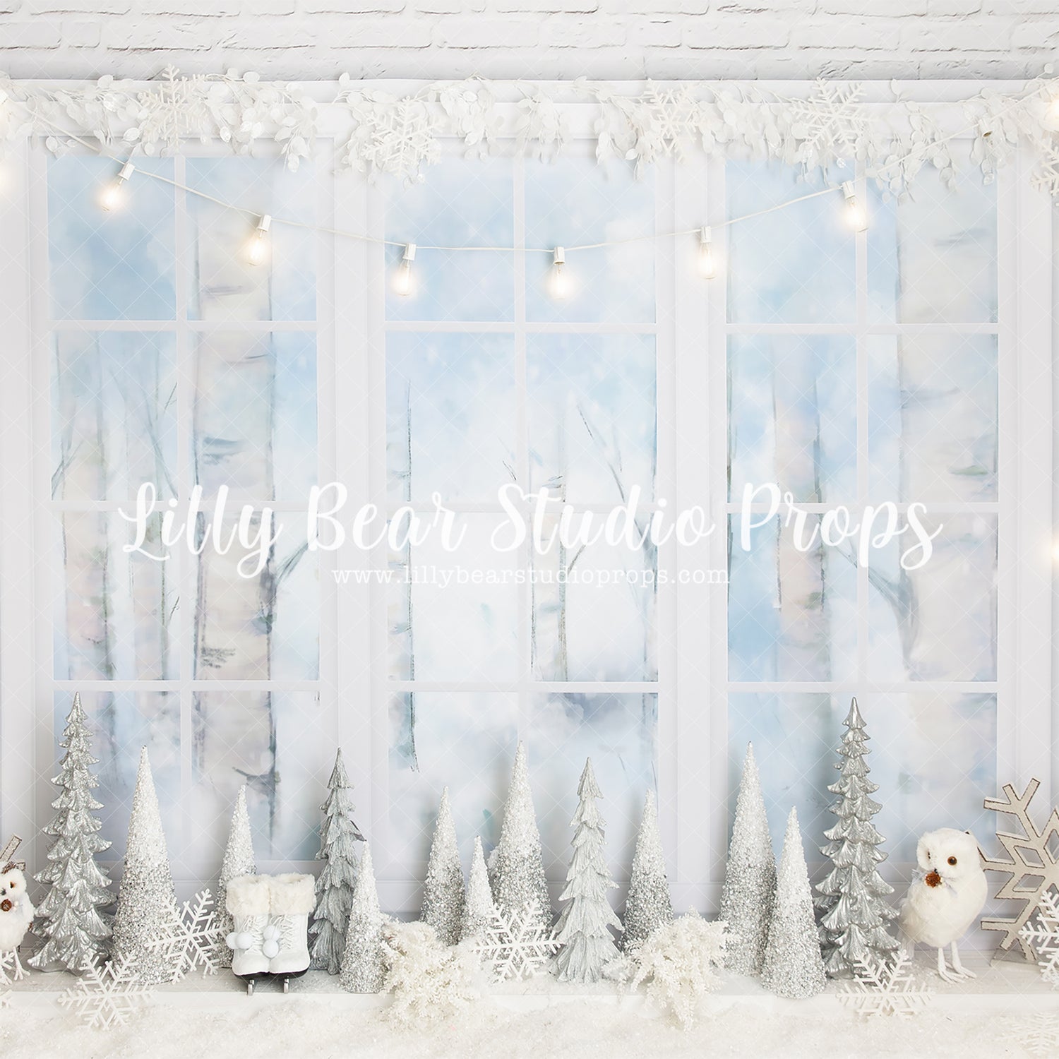 Magic Winter Window - Lilly Bear Studio Props, birch, birch window, christmas, christmas snow, christmas window, forest, owl, silver, silver trees, silver winter, snow, snow window, white owl, white winter, window, winter, winter trees, winter window, winter woodland, woodland