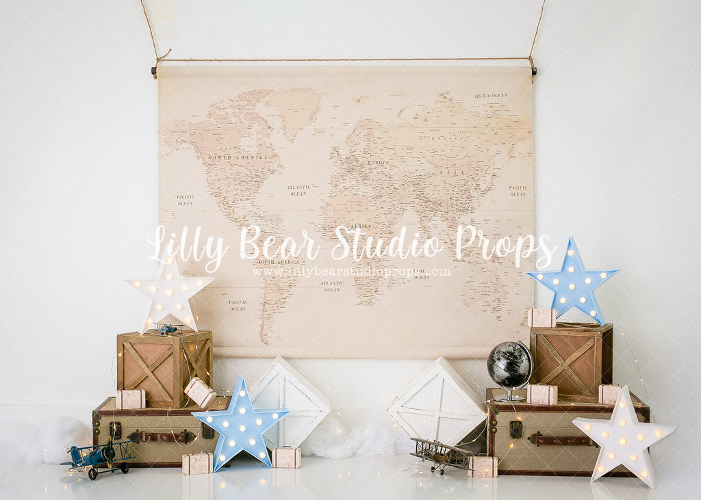 Map Of The World - Lilly Bear Studio Props, airplane, airplanes, aviator, explorer, FABRICS, globe, map, maps, ocean map, stars, travel, vintage map, world traveler