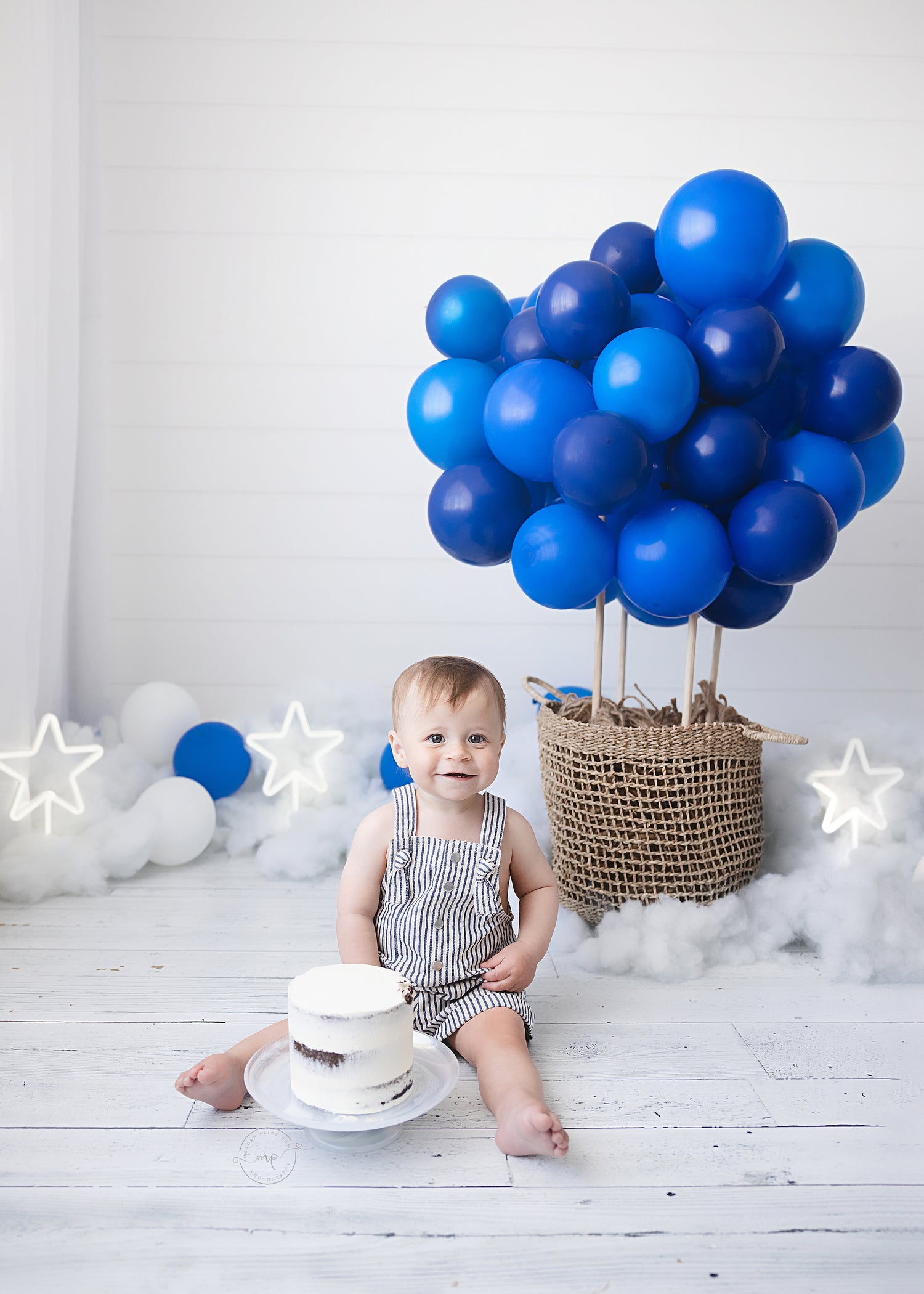 Blue Hot Air Balloon - Lilly Bear Studio Props, air balloon, air balloons, balloons, basket, birthday, blue balloon, blue balloons, blue one, clouds, curtain, Fabric, FABRICS, glowing stars, hot air balloon, hot air balloons, one, star, stars, Wrinkle Free Fabric