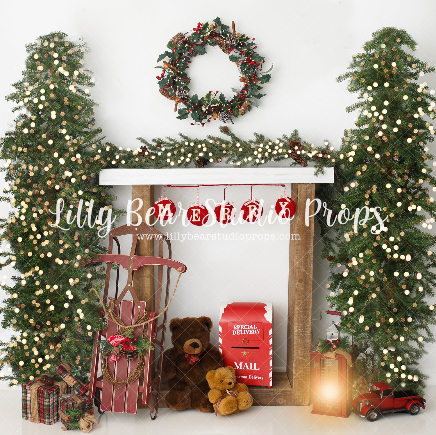 Merry Beary Mantle - Lilly Bear Studio Props, bears, christmas fireplace, christmas garland, christmas mantel, christmas trees, fireplace, holiday mantel, mantel, santa mail, simple mantel, sled, teddy bear, teddys, white mantel, winter, wreath
