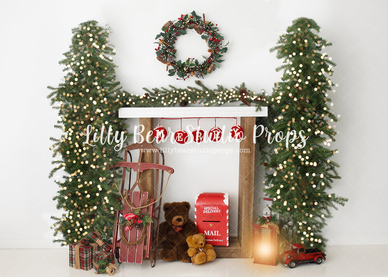 Merry Beary Mantle - Lilly Bear Studio Props, bears, christmas fireplace, christmas garland, christmas mantel, christmas trees, fireplace, holiday mantel, mantel, santa mail, simple mantel, sled, teddy bear, teddys, white mantel, winter, wreath