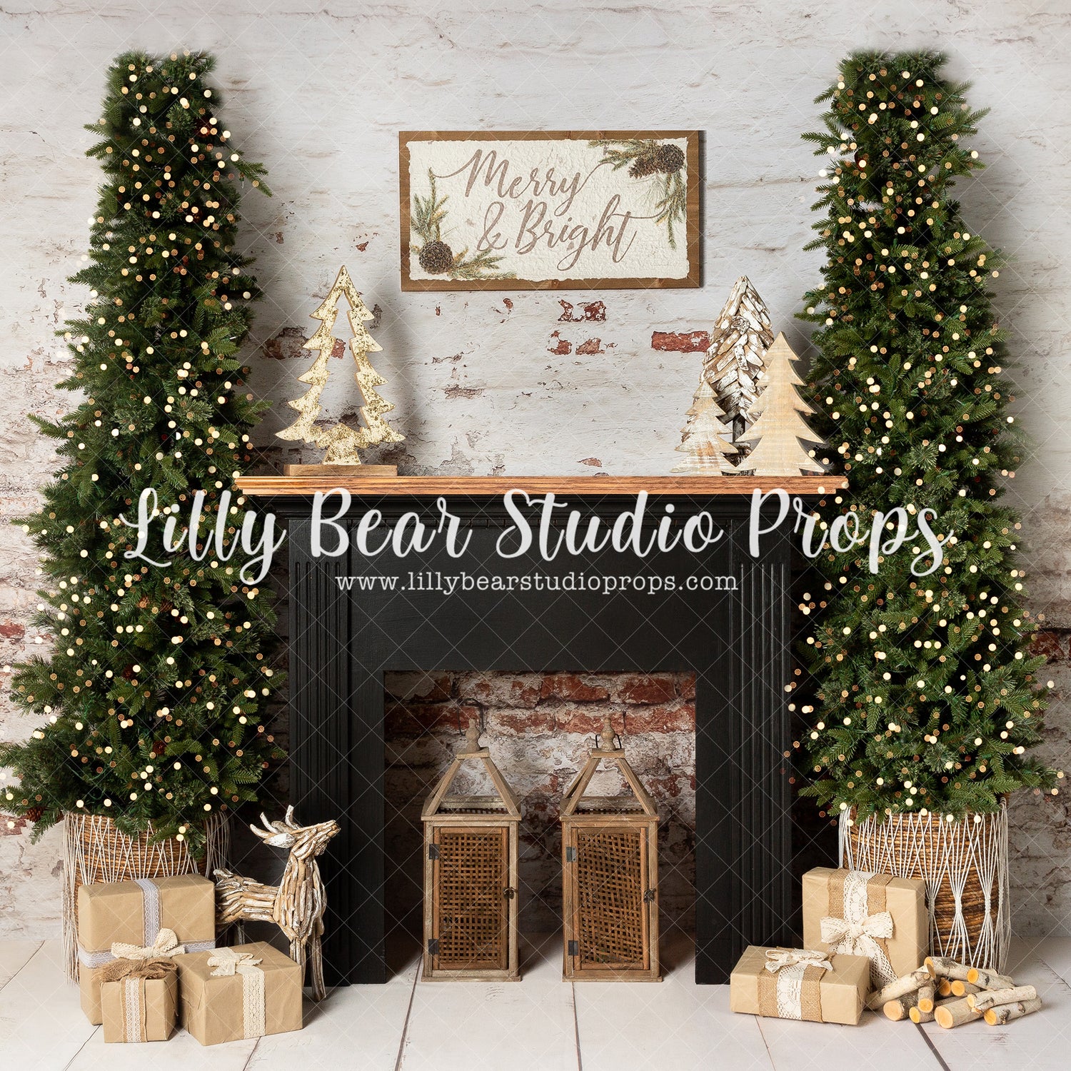 Merry Bohemian Home - Lilly Bear Studio Props, black fireplace, bohemian christmas, boho, boho christmas, boho christmas fireplace, christmas, christmas mantel, christmas mantle, christmas trees, deer, deers, evergreen trees, evergreens, fireplace, holiday, holiday christmas, mantel, merry and bright, pine trees, presents, white winter, winter, winter christmas