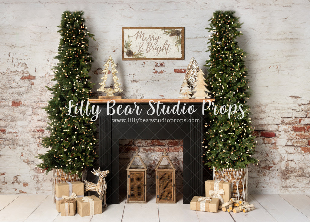 Merry Bohemian Night Room - Lilly Bear Studio Props, black fireplace, bohemian christmas, bohemian fireplace, bohemian mantel, boho, boho christmas, boho holiday, boho mantel, christmas, christmas mantel, christmas village, evergreen trees, evergreens, Fabric, fireplace, holiday, holiday christmas, mantel, Pampas, pine trees, white christmas, white holiday, Wrinkle Free Fabric