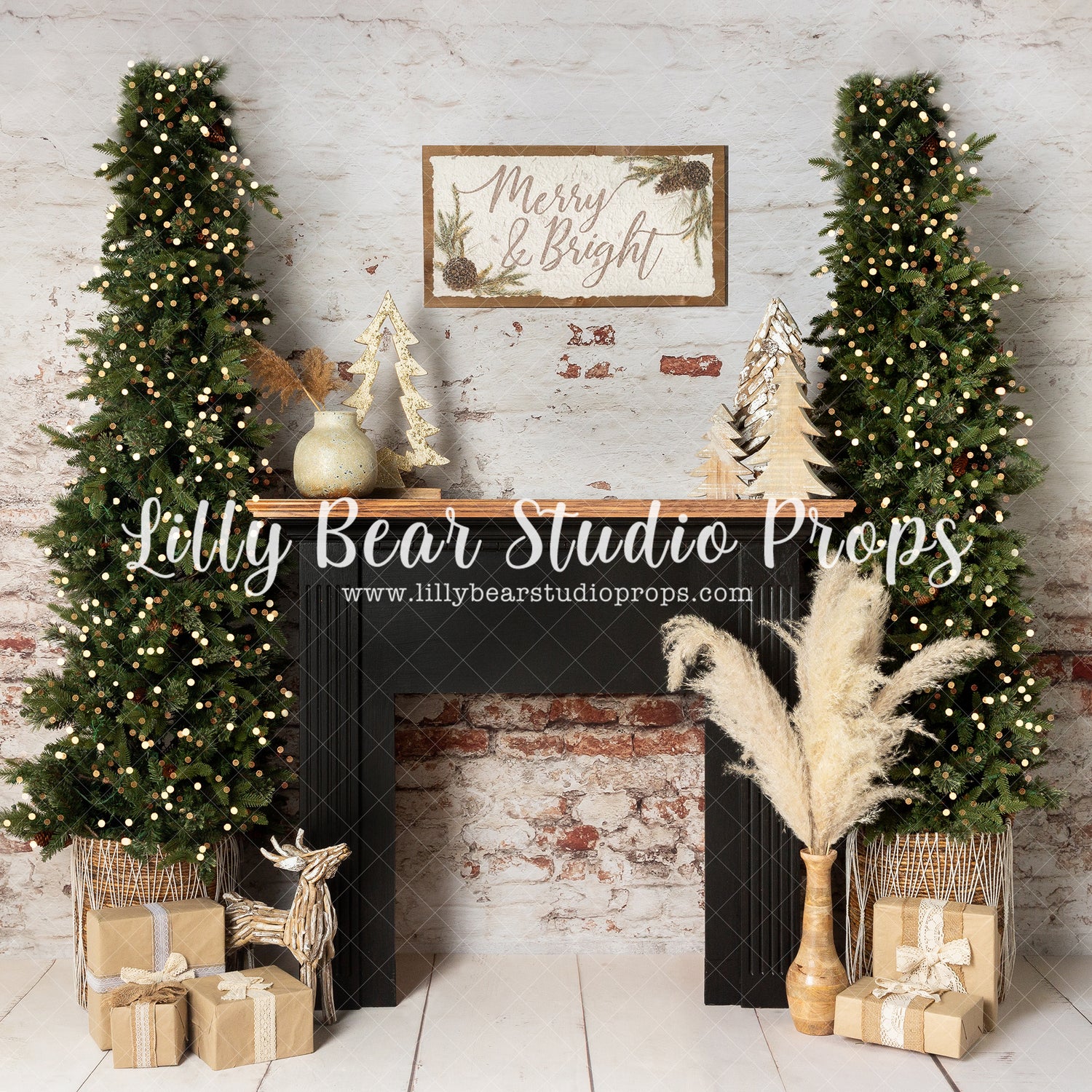 Merry Bohemian Mantle - Lilly Bear Studio Props, black fireplace, bohemian, bohemian christmas, boho, boho christmas, boho christmas fireplace, boho mantel, christmas, christmas mantel, evergreen trees, evergreens, holiday, holiday christmas, mantel, Pampas, pine trees