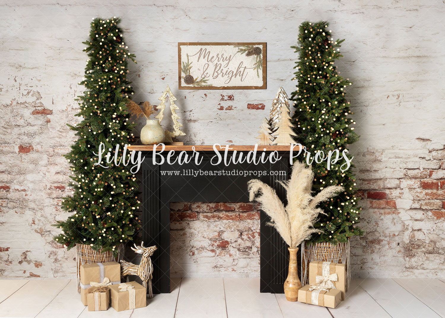 Merry Bohemian Mantle - Lilly Bear Studio Props, black fireplace, bohemian, bohemian christmas, boho, boho christmas, boho christmas fireplace, boho mantel, christmas, christmas mantel, evergreen trees, evergreens, holiday, holiday christmas, mantel, Pampas, pine trees