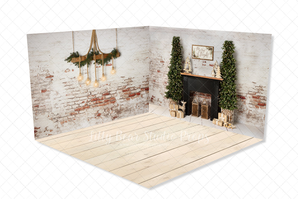 Merry Bohemian Night Room - Lilly Bear Studio Props, black fireplace, bohemian christmas, bohemian fireplace, bohemian mantel, boho, boho christmas, boho holiday, boho mantel, christmas, christmas mantel, christmas village, evergreen trees, evergreens, Fabric, fireplace, holiday, holiday christmas, mantel, Pampas, pine trees, white christmas, white holiday, Wrinkle Free Fabric