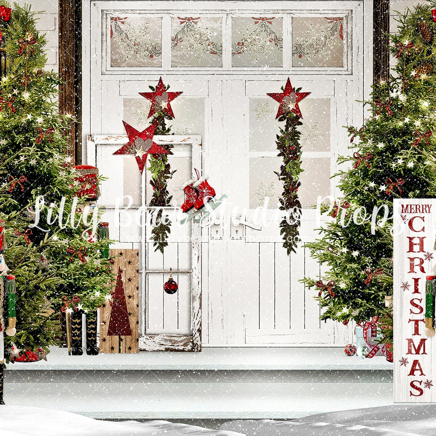 Merry Christmas Star Porch - Lilly Bear Studio Props, camper, candles, christmas, christmas kitchen, christmas snow, christmas window, Fabric, FABRICS, kitchen, red curtains, tree farm, winter, wreath