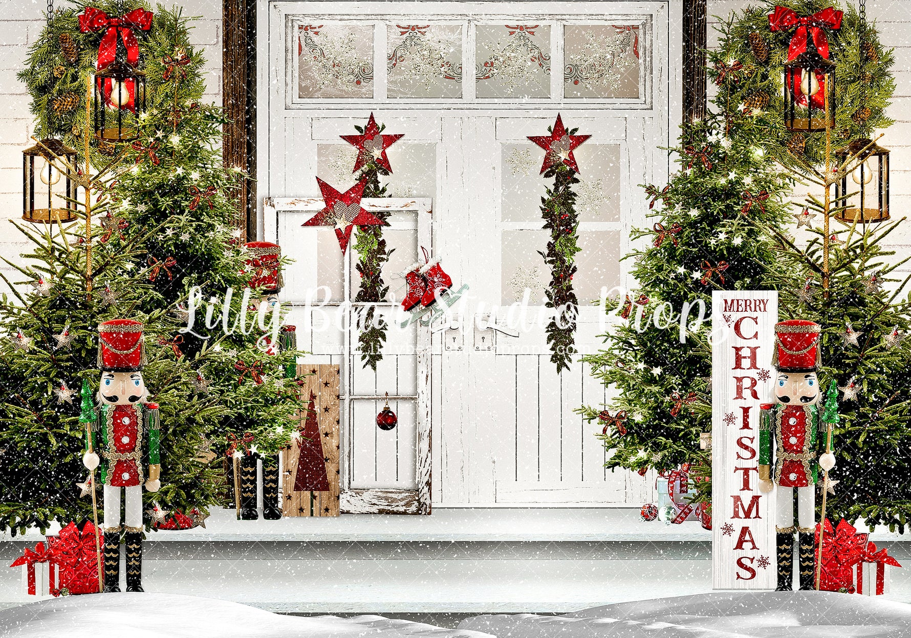 Merry Christmas Star Porch - Lilly Bear Studio Props, camper, candles, christmas, christmas kitchen, christmas snow, christmas window, Fabric, FABRICS, kitchen, red curtains, tree farm, winter, wreath