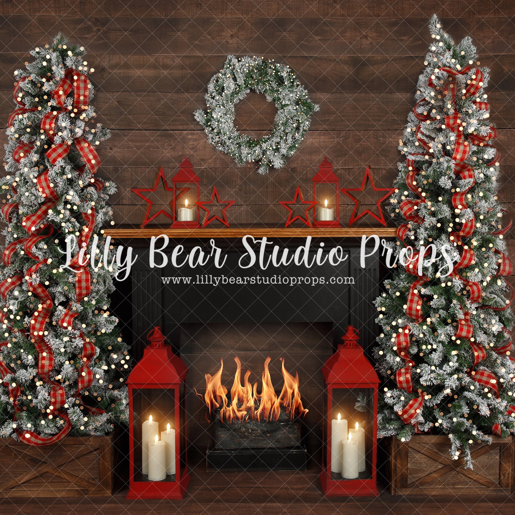 Merry Frosted Christmas - Lilly Bear Studio Props, arctic pines, christmas, christmas fireplace, christmas stars, christmas village, country christmas, evergreen trees, evergreens, fireplace, flock trees, holiday, holiday christmas, lanterns, pine trees, red lanterns, silver winter, snow, snowflakes, snowy forest, snowy pine, snowy pine trees, snowy trees, stars, village, white christmas, white holiday, white winter, winter, winter christmas, winter diamond