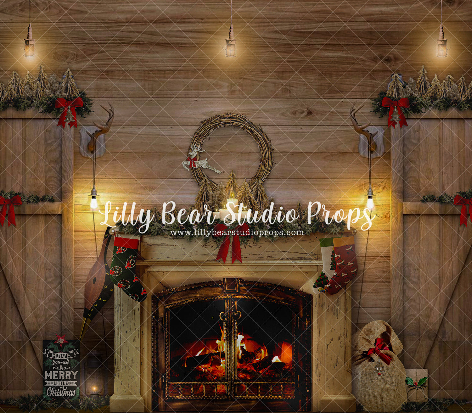 Merry Little Christmas Fireplace - Lilly Bear Studio Props, antlers, cabin fireplace, christmas, christmas fireplace, christmas mantel, christmas mantle, christmas stocking, christmas wreath, Fabric, FABRICS, fire, holiday mantle, mantle, stockings, wood fireplace