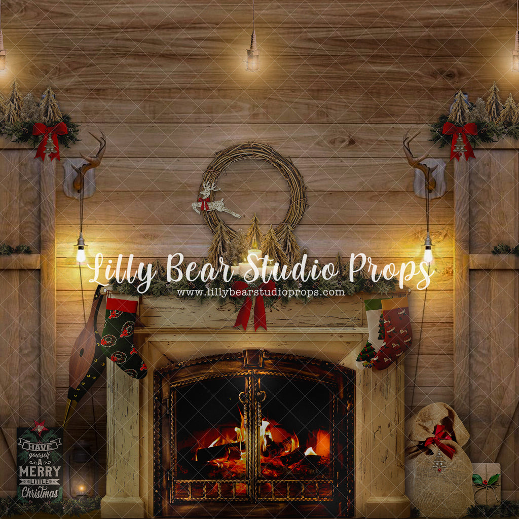 Merry Little Christmas Fireplace - Lilly Bear Studio Props, antlers, cabin fireplace, christmas, christmas fireplace, christmas mantel, christmas mantle, christmas stocking, christmas wreath, Fabric, FABRICS, fire, holiday mantle, mantle, stockings, wood fireplace