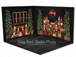 Merry Toy Room - Lilly Bear Studio Props, black fireplace, bohemian christmas, bohemian fireplace, bohemian mantel, boho, boho christmas, boho holiday, boho mantel, christmas, christmas mantel, christmas village, evergreen trees, evergreens, Fabric, fireplace, holiday, holiday christmas, mantel, Pampas, pine trees, white christmas, white holiday, Wrinkle Free Fabric